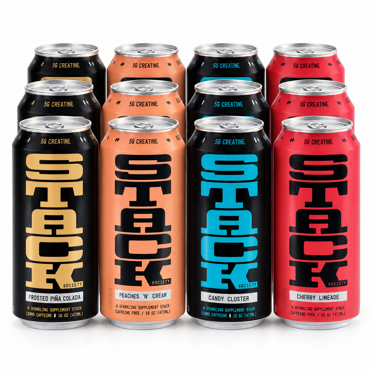 Stack Society Variety 12 Pack with three cans each of Frosted Piña Colada, Peaches ’N’ Cream, Candy Cluster, and Cherry Limeade.