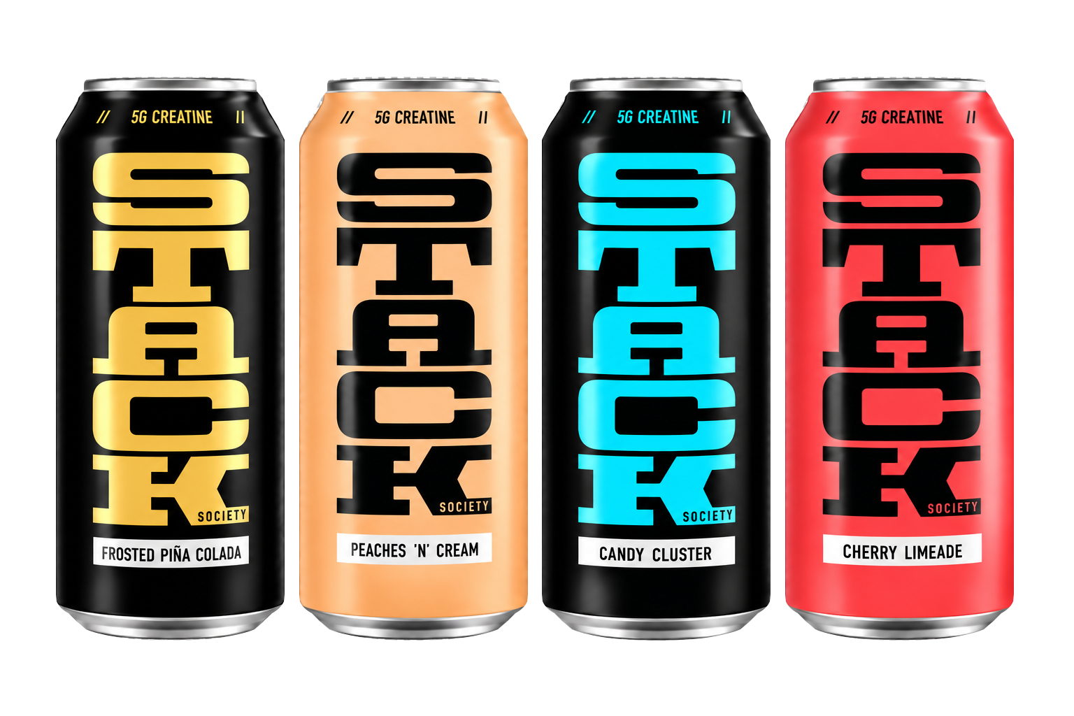 Four STACK cans: Frosted Piña Colada, Peaches N’ Cream, Candy Cluster, and Cherry Limeade