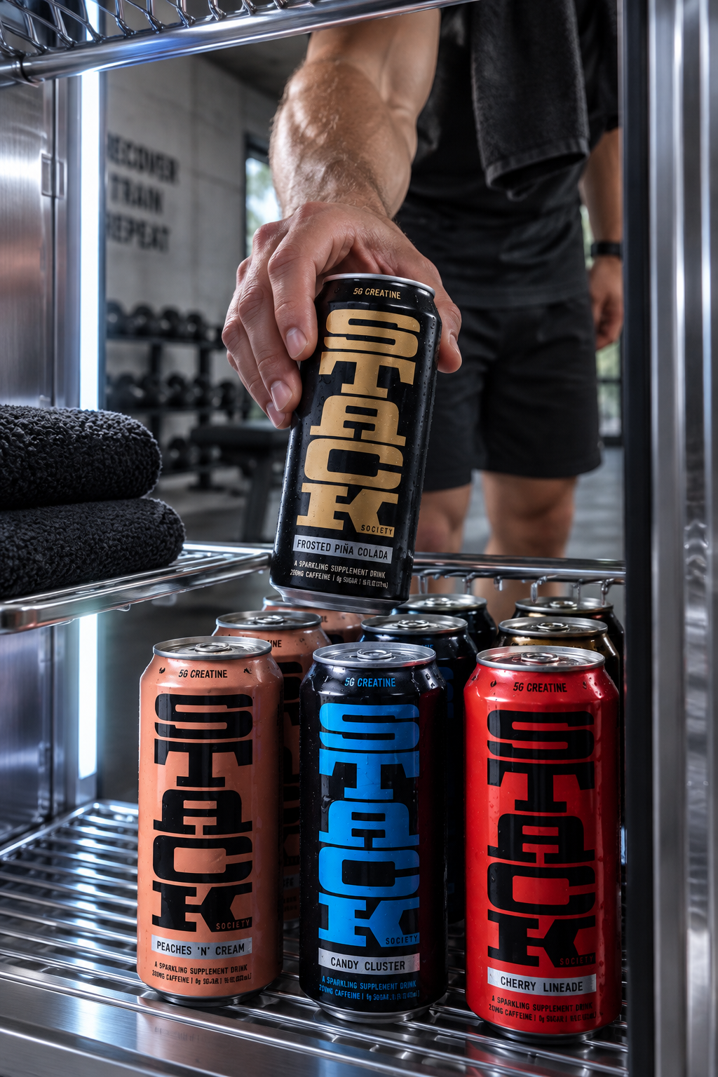 Athlete reaching for a cold STACK can in a gym fridge