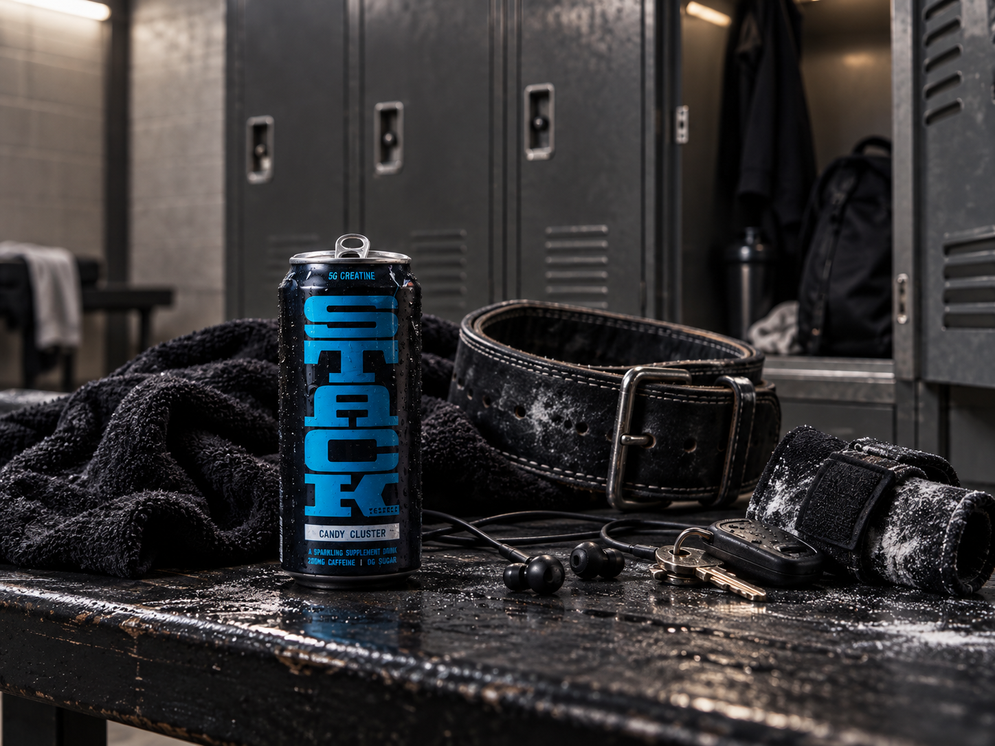 STACK can with post-workout gear on a locker-room bench