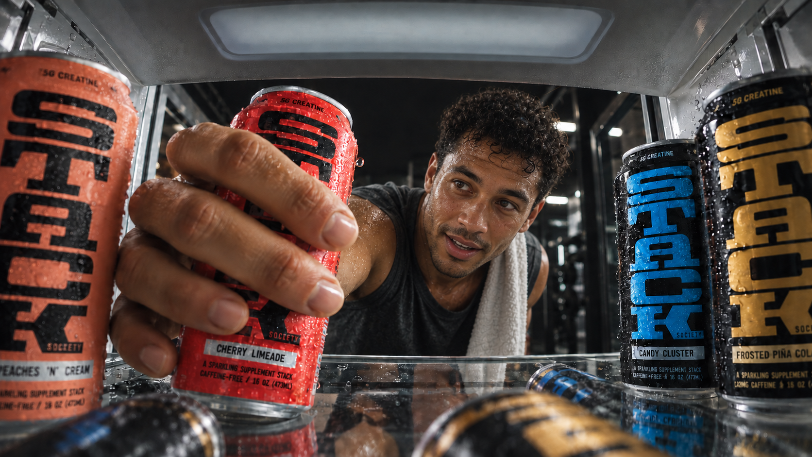 Athlete reaching for a cold STACK Society can from a stocked gym refrigerator